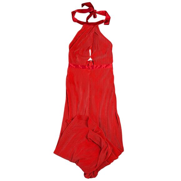 Anthropologie Red Plisse Halter Open Back Jumpsuit Womens 0 Wide Leg Holidays - Picture 2 of 8